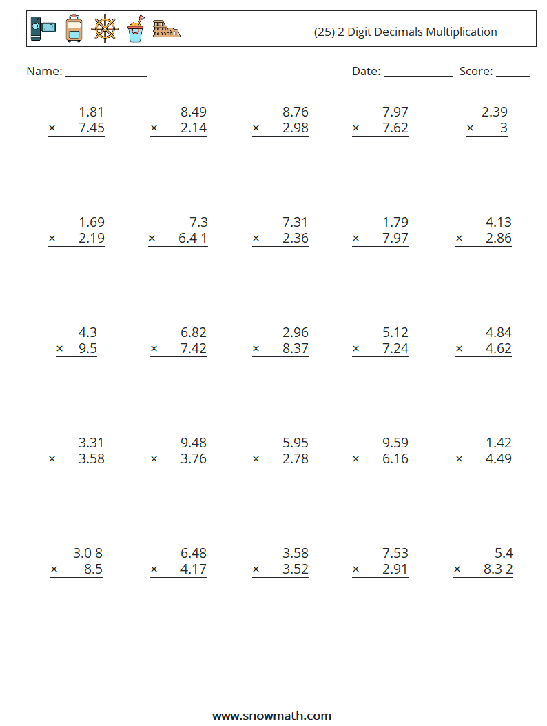(25) 2 Digit Decimals Multiplication Math Worksheets 18