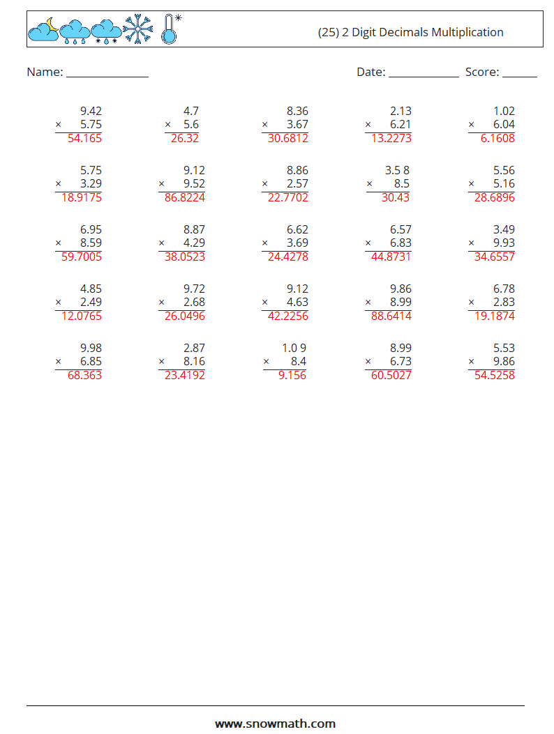(25) 2 Digit Decimals Multiplication Math Worksheets 1 Question, Answer
