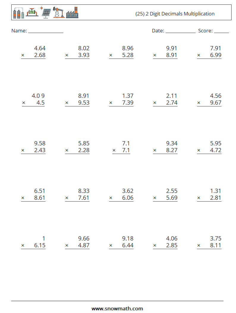 (25) 2 Digit Decimals Multiplication Math Worksheets 2