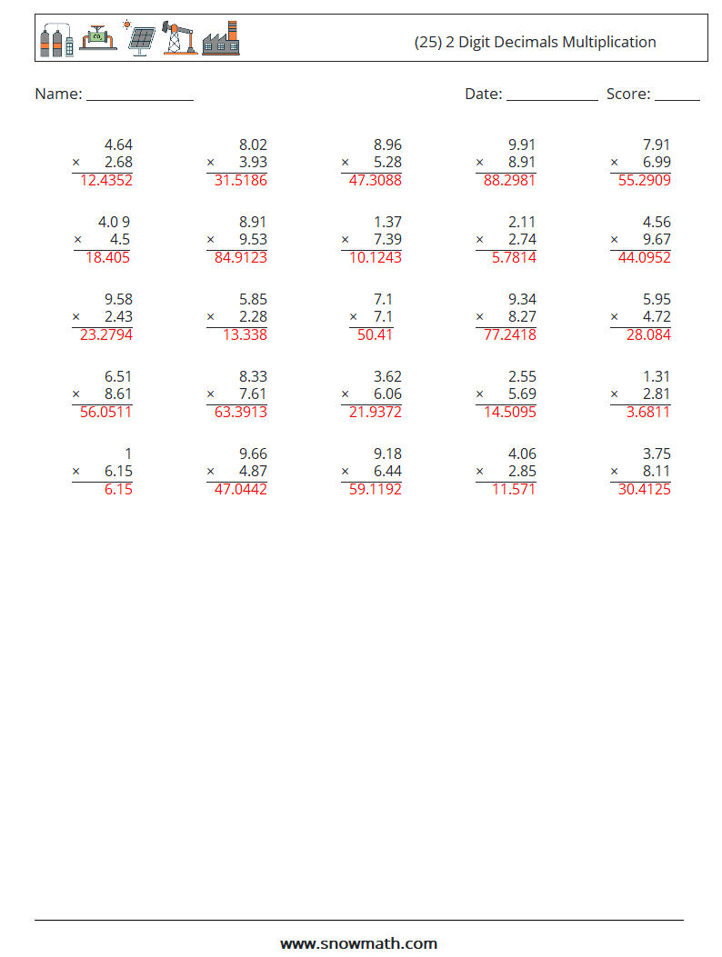 (25) 2 Digit Decimals Multiplication Math Worksheets 2 Question, Answer