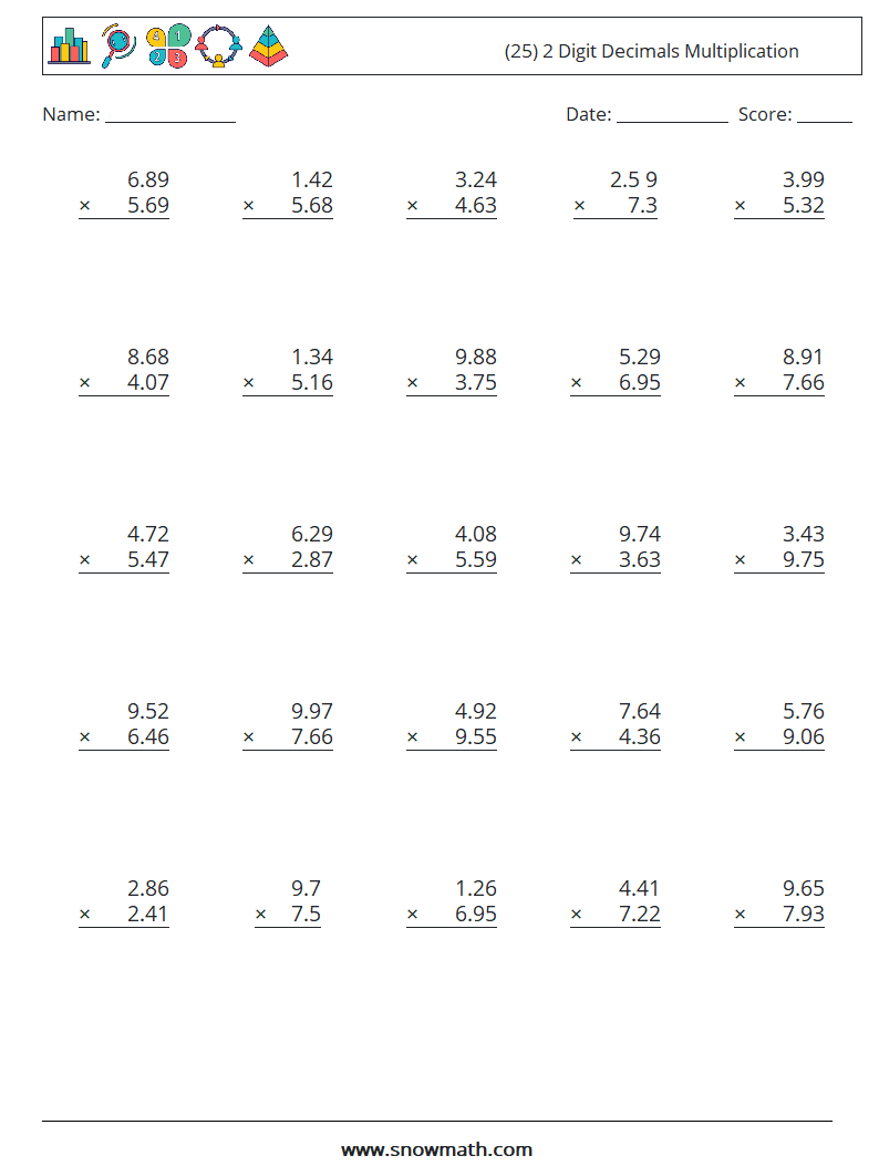 (25) 2 Digit Decimals Multiplication Math Worksheets 3