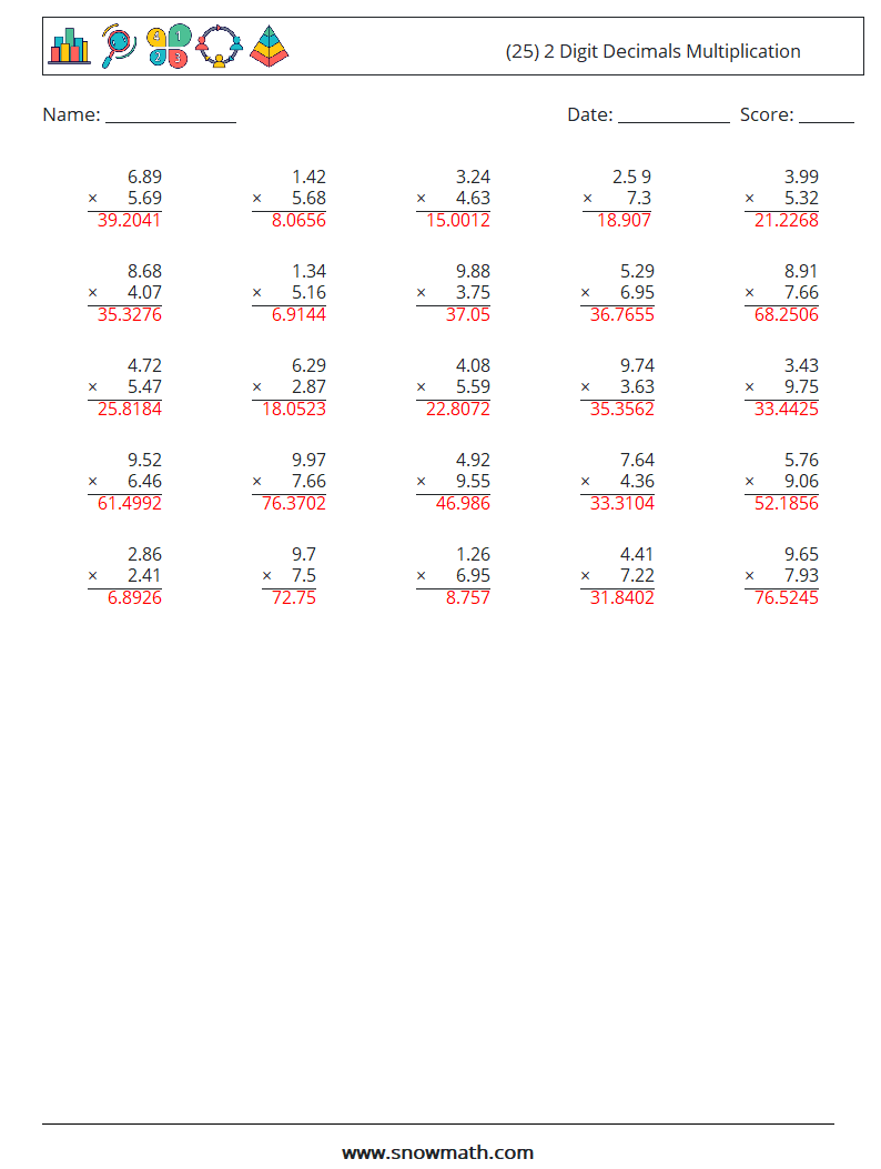 (25) 2 Digit Decimals Multiplication Math Worksheets 3 Question, Answer