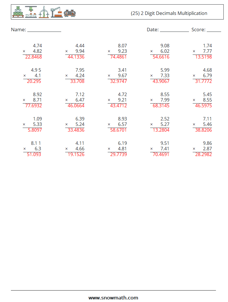 (25) 2 Digit Decimals Multiplication Math Worksheets 4 Question, Answer