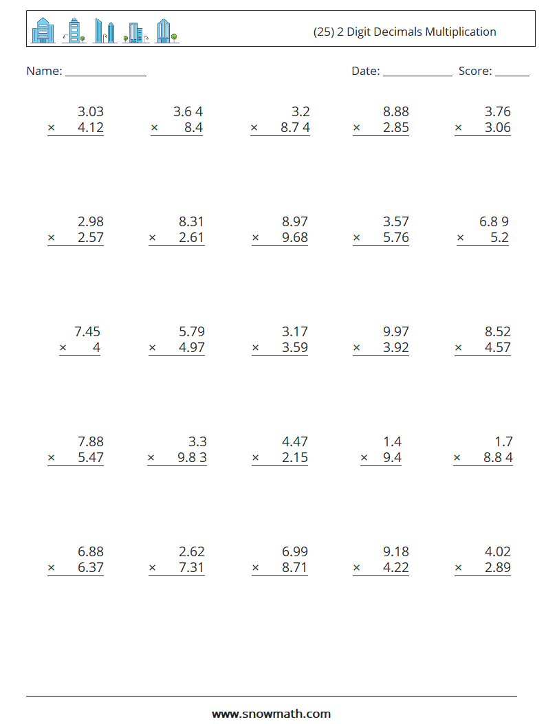 (25) 2 Digit Decimals Multiplication Math Worksheets 5