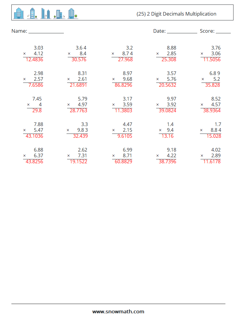 (25) 2 Digit Decimals Multiplication Math Worksheets 5 Question, Answer