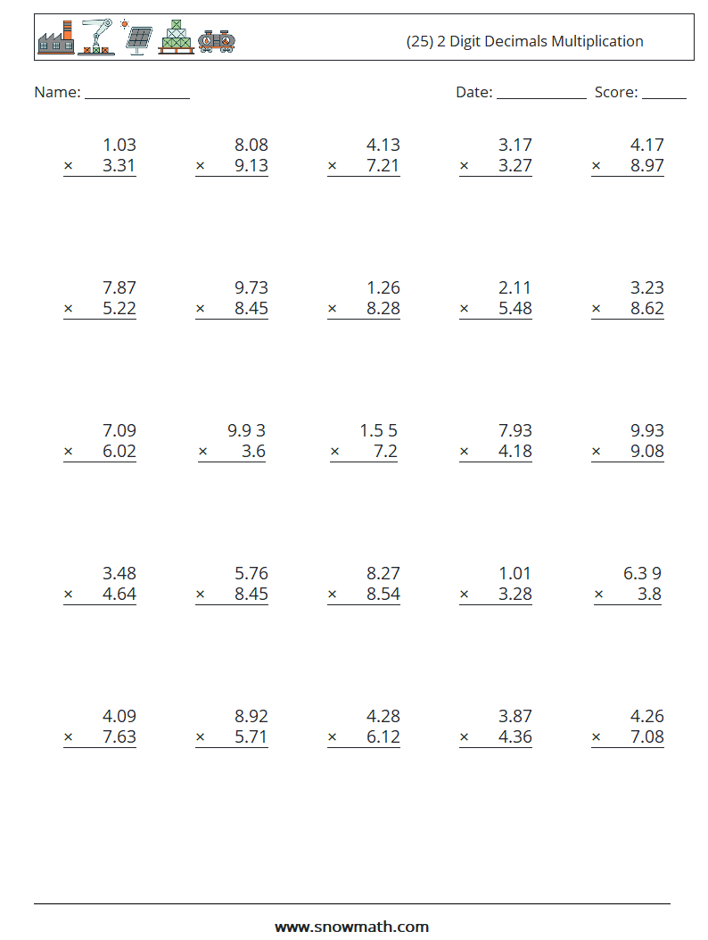 (25) 2 Digit Decimals Multiplication Math Worksheets 6