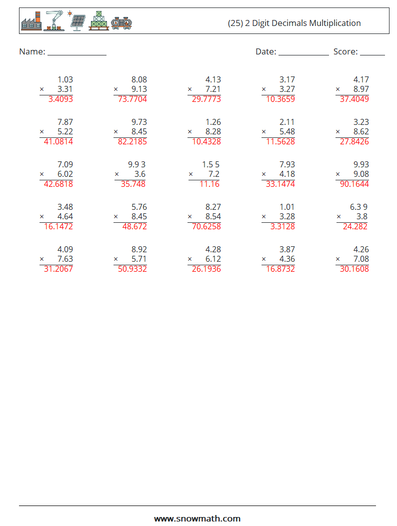 (25) 2 Digit Decimals Multiplication Math Worksheets 6 Question, Answer