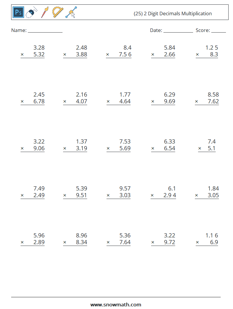 (25) 2 Digit Decimals Multiplication Math Worksheets 7