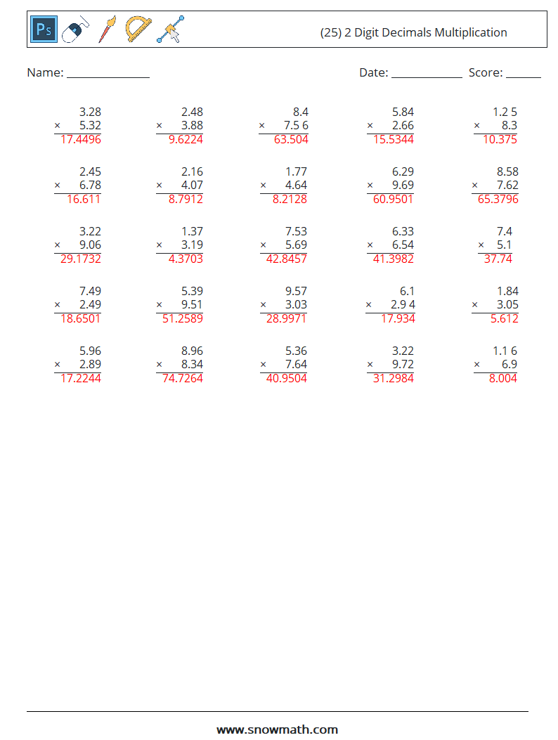 (25) 2 Digit Decimals Multiplication Math Worksheets 7 Question, Answer