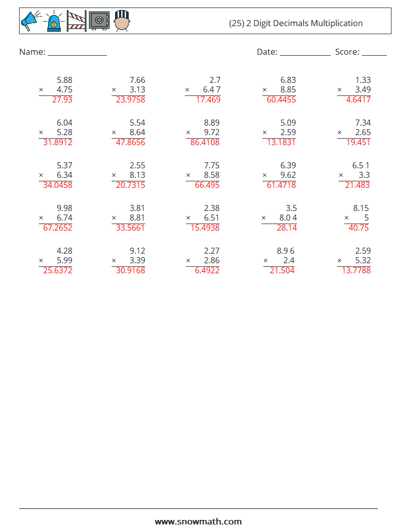 (25) 2 Digit Decimals Multiplication Math Worksheets 9 Question, Answer