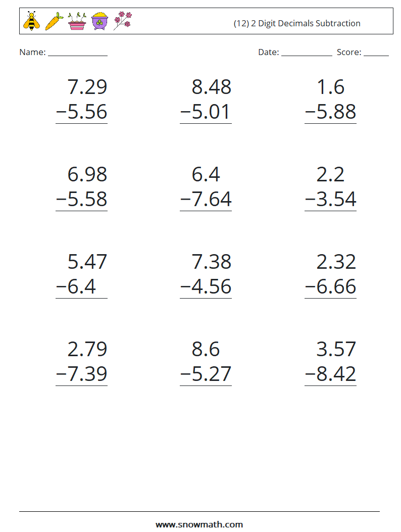 (12) 2 Digit Decimals Subtraction Math Worksheets 10