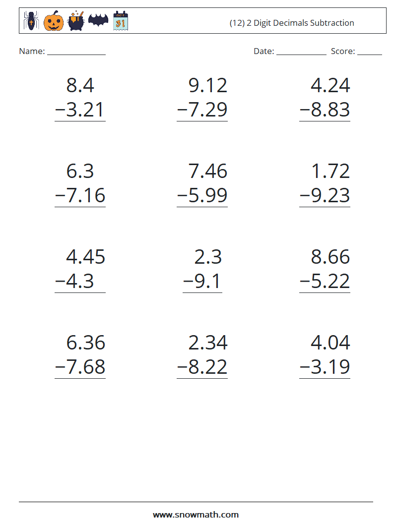 (12) 2 Digit Decimals Subtraction Math Worksheets 12