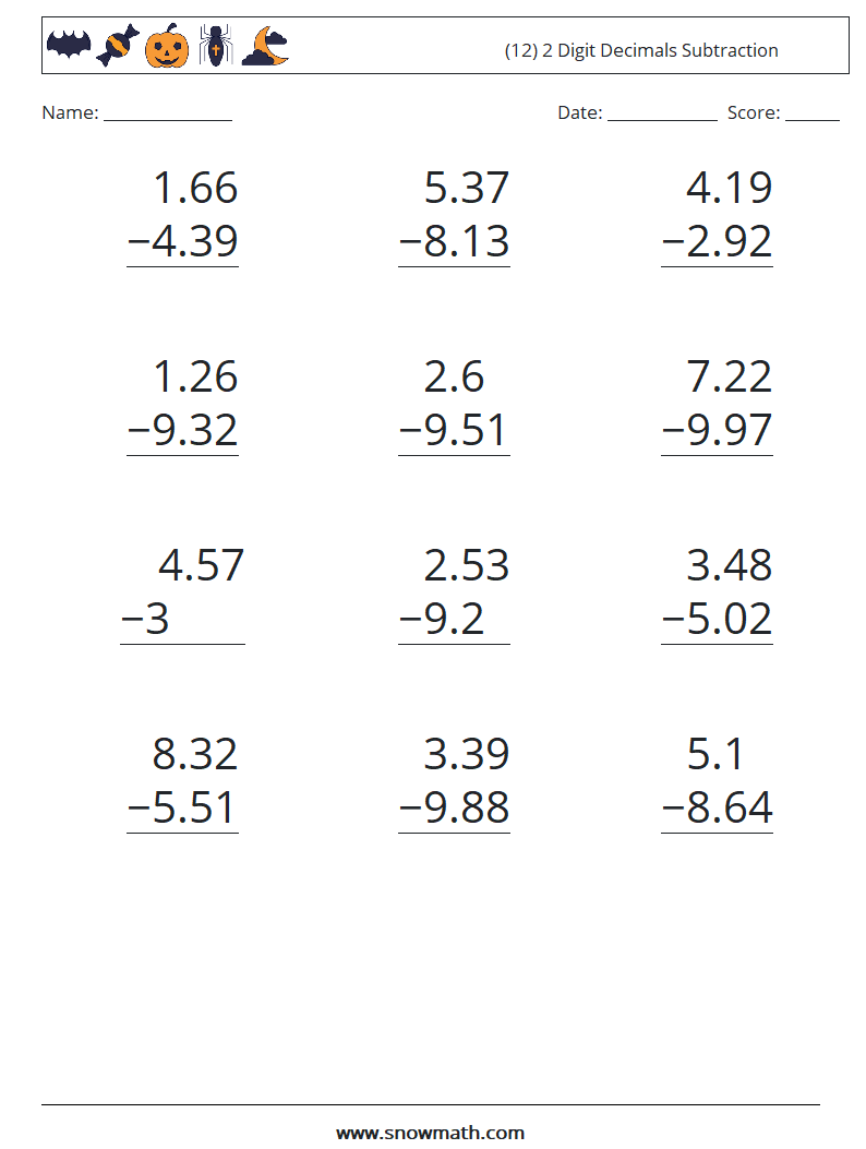 (12) 2 Digit Decimals Subtraction Math Worksheets 13