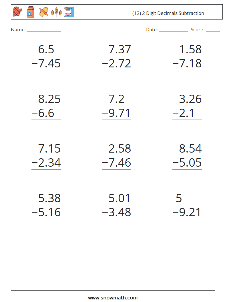 (12) 2 Digit Decimals Subtraction Math Worksheets 14