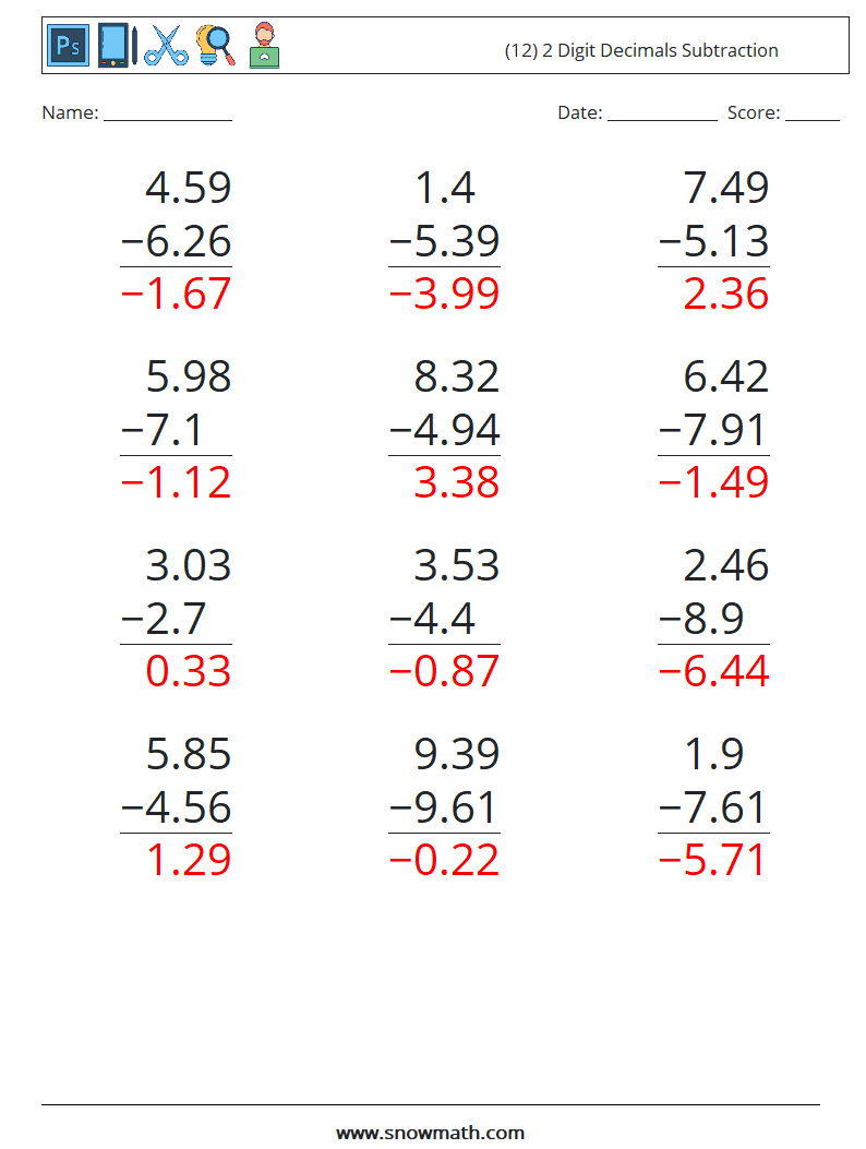 (12) 2 Digit Decimals Subtraction Math Worksheets 15 Question, Answer