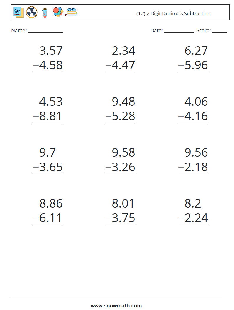 (12) 2 Digit Decimals Subtraction Math Worksheets 16