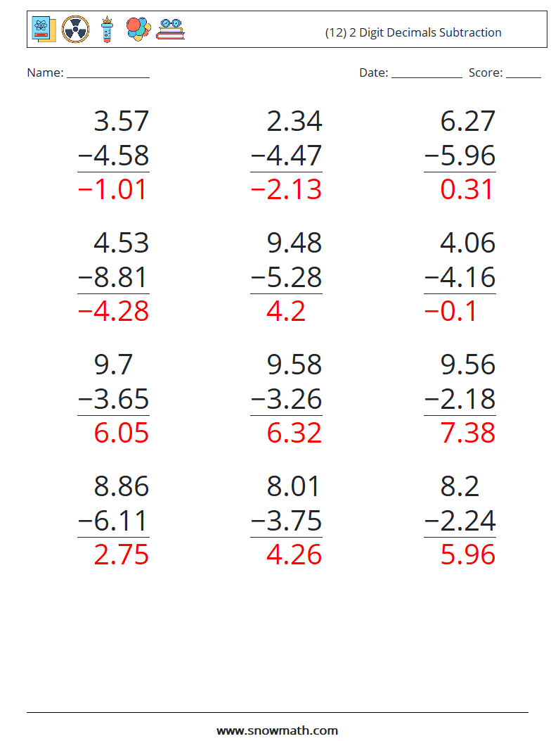 (12) 2 Digit Decimals Subtraction Math Worksheets 16 Question, Answer