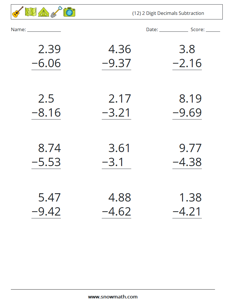 (12) 2 Digit Decimals Subtraction Math Worksheets 2