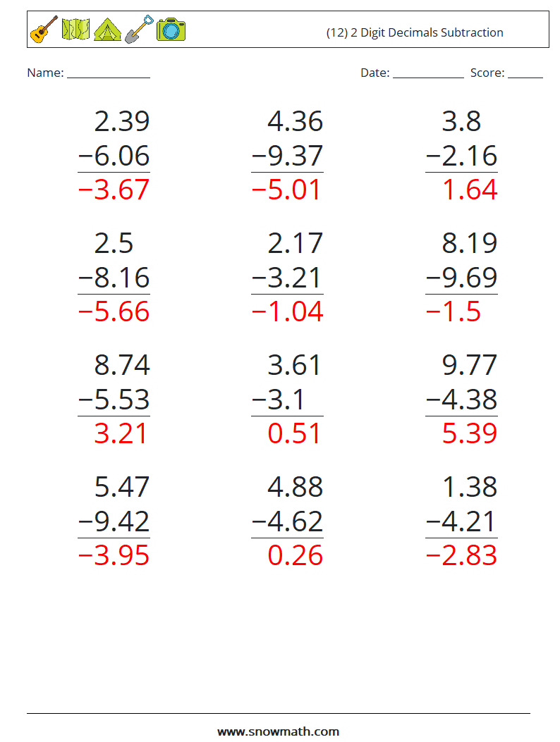 (12) 2 Digit Decimals Subtraction Math Worksheets 2 Question, Answer