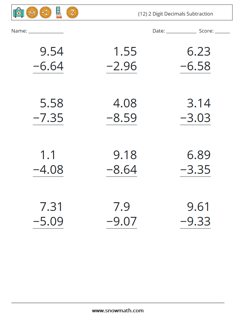 (12) 2 Digit Decimals Subtraction Math Worksheets 3