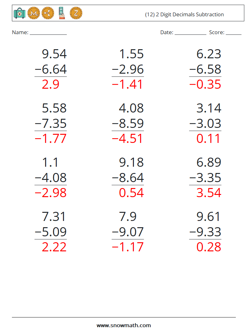 (12) 2 Digit Decimals Subtraction Math Worksheets 3 Question, Answer