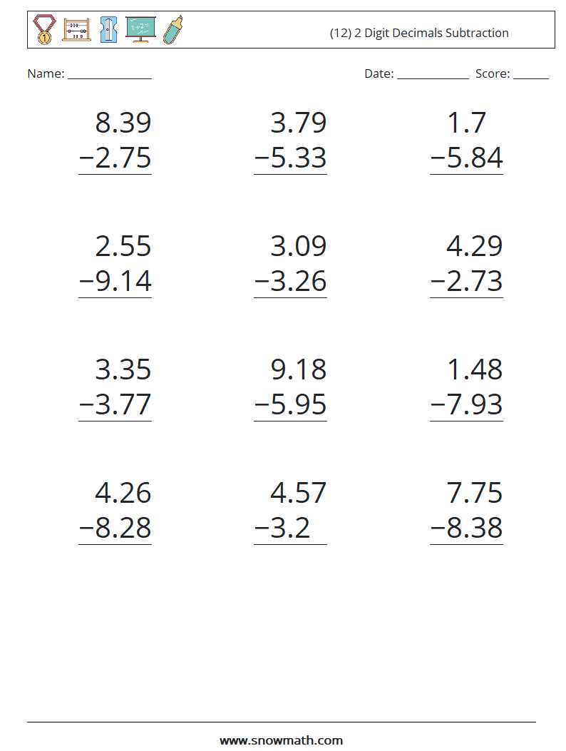 (12) 2 Digit Decimals Subtraction Math Worksheets 4