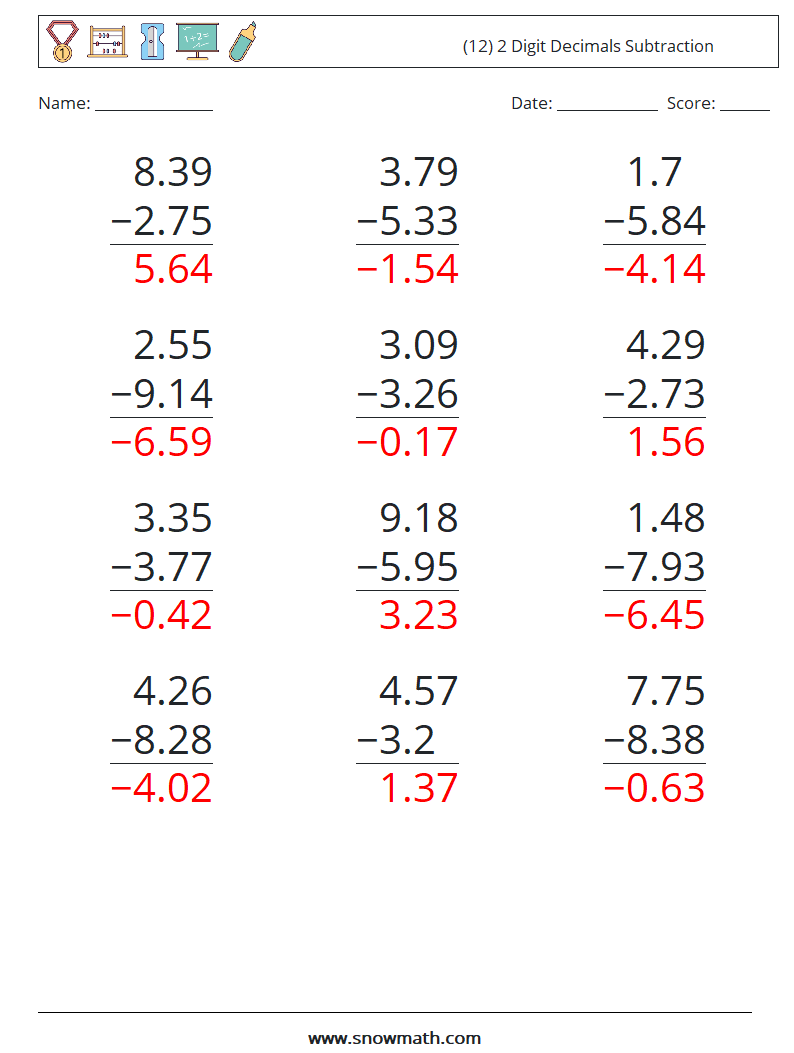 (12) 2 Digit Decimals Subtraction Math Worksheets 4 Question, Answer
