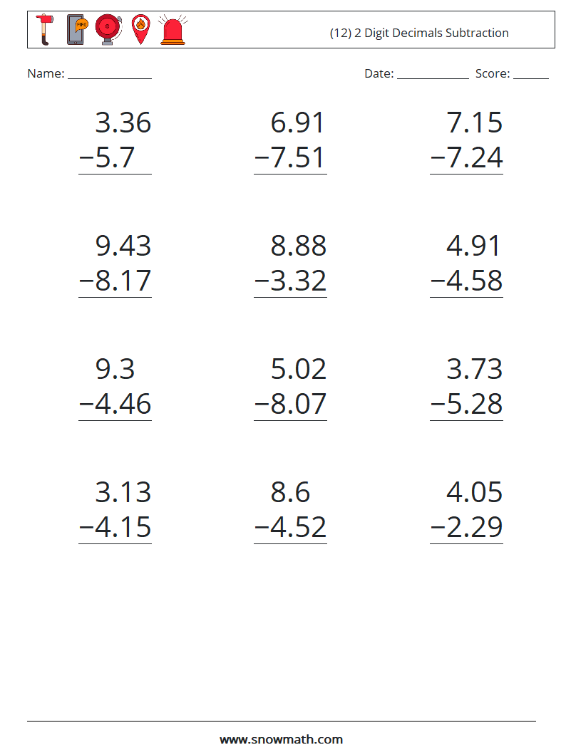 (12) 2 Digit Decimals Subtraction Math Worksheets 5