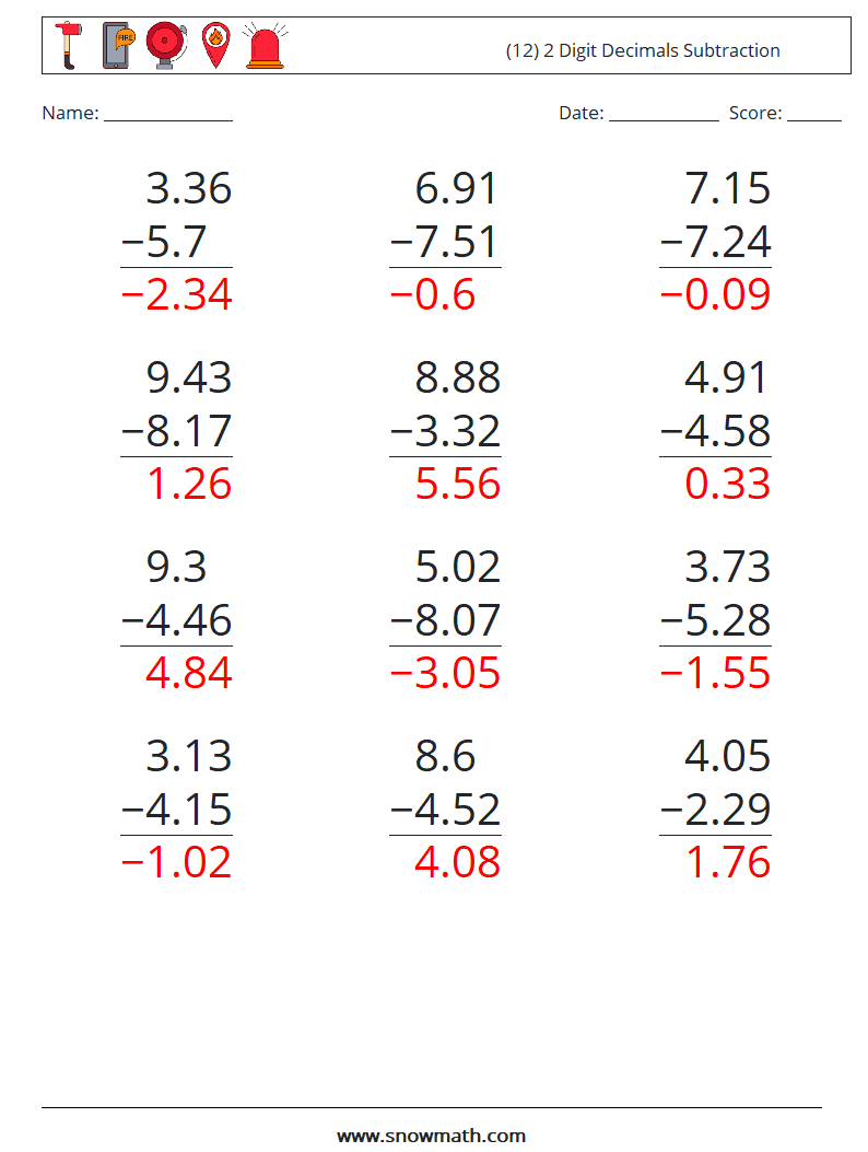 (12) 2 Digit Decimals Subtraction Math Worksheets 5 Question, Answer