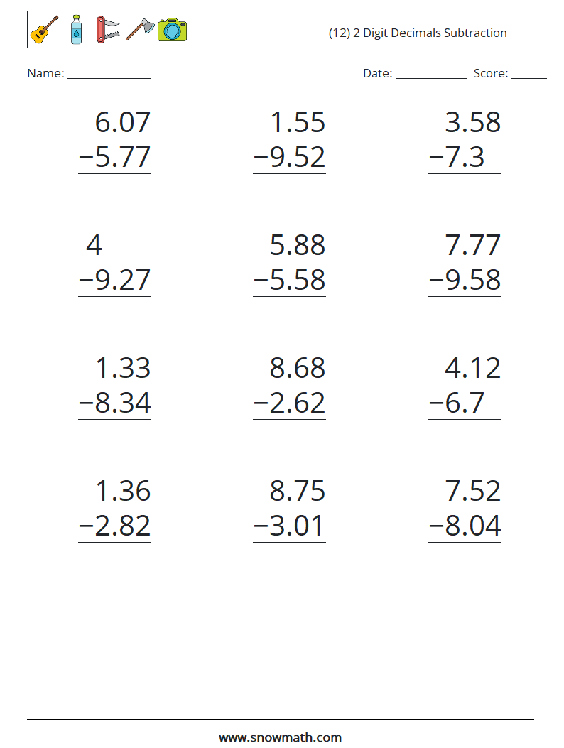 (12) 2 Digit Decimals Subtraction Math Worksheets 6