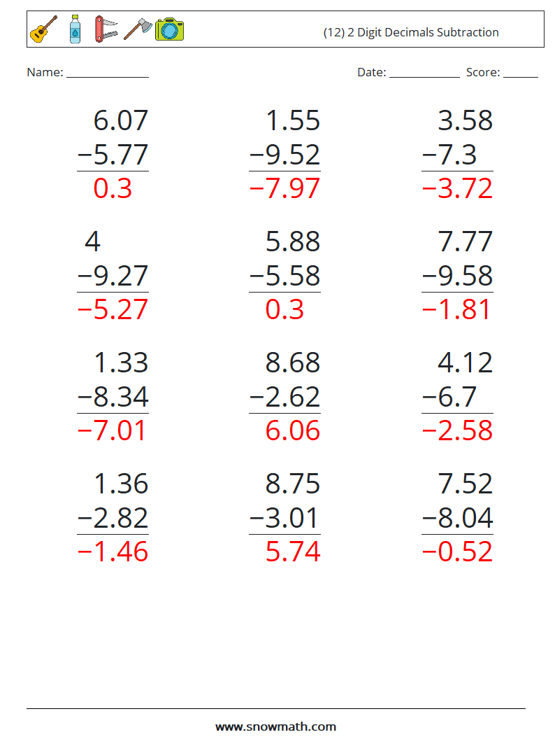(12) 2 Digit Decimals Subtraction Math Worksheets 6 Question, Answer