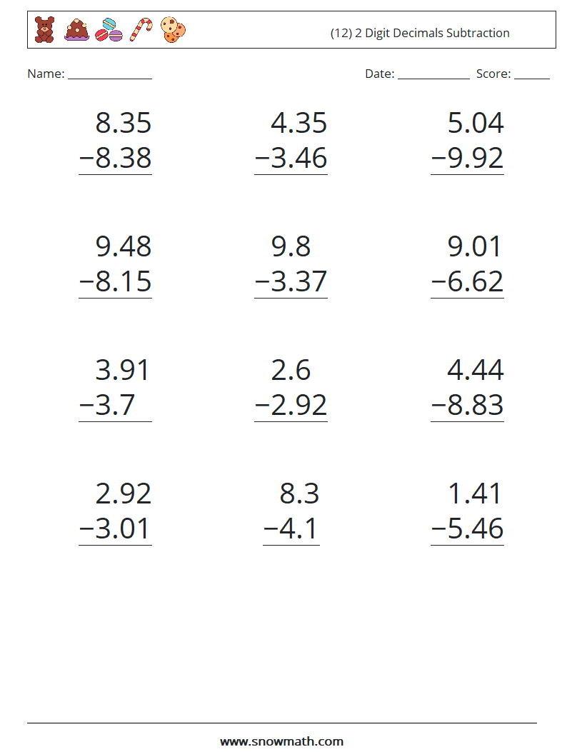 (12) 2 Digit Decimals Subtraction Math Worksheets 7