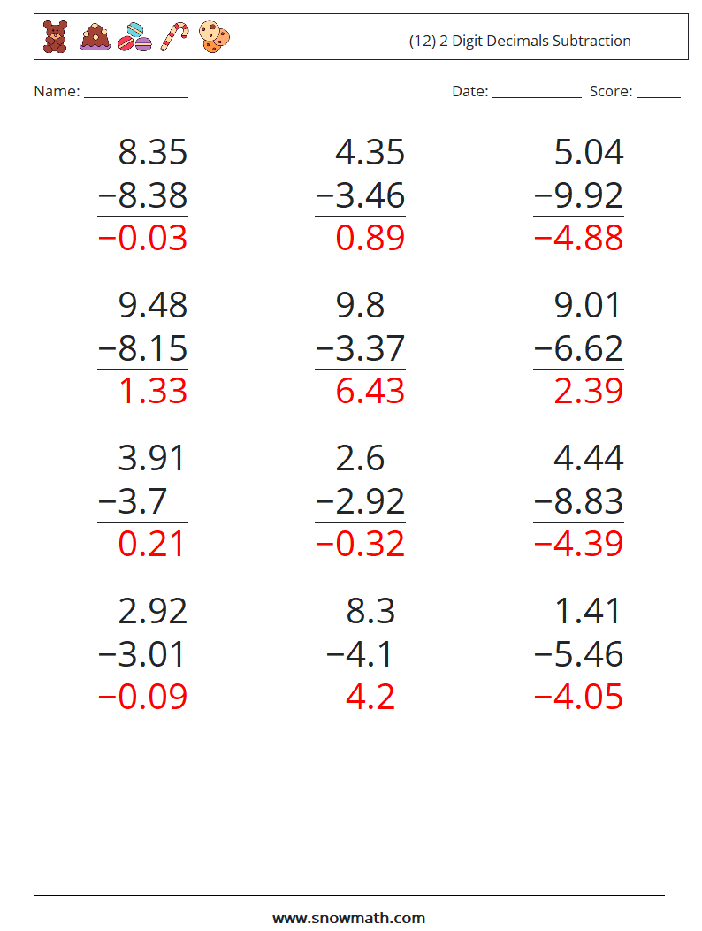 (12) 2 Digit Decimals Subtraction Math Worksheets 7 Question, Answer