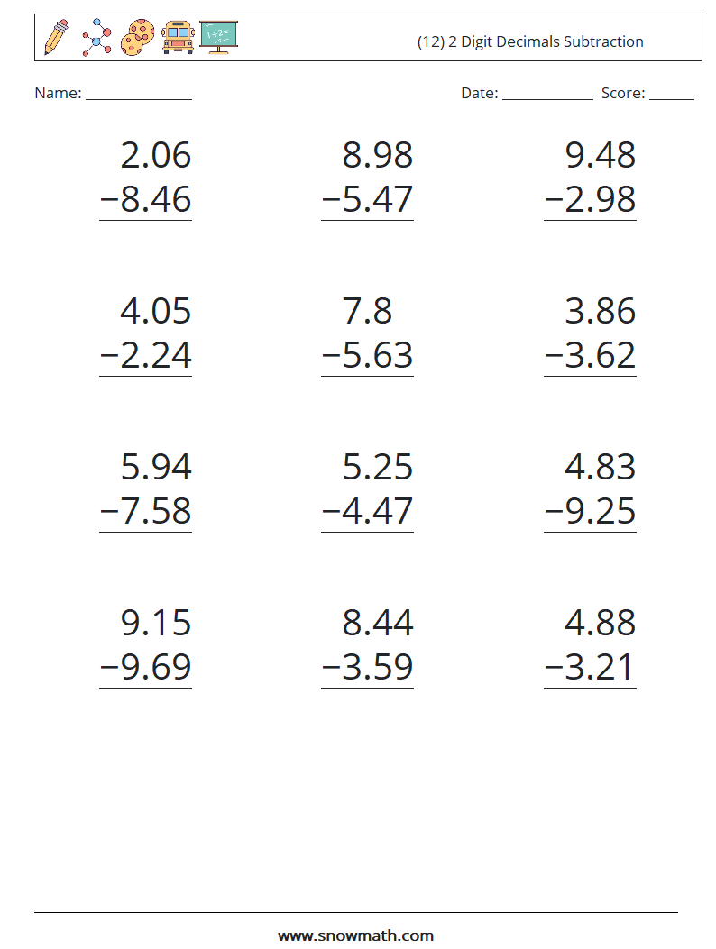 (12) 2 Digit Decimals Subtraction Math Worksheets 8