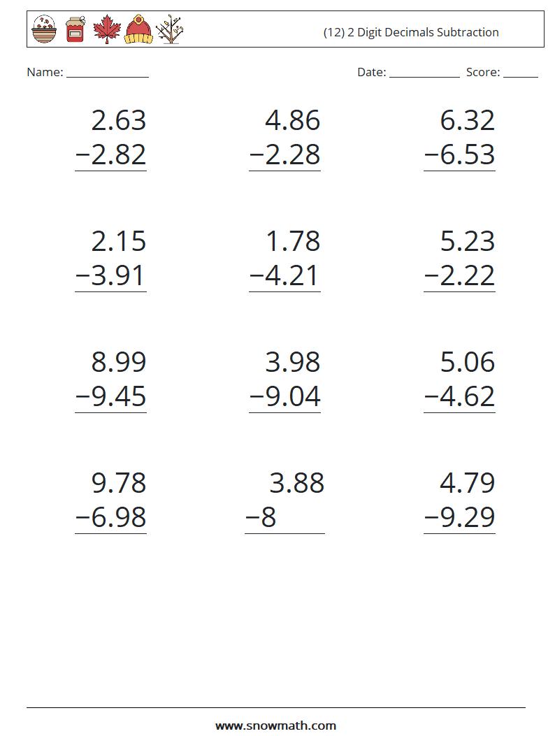 (12) 2 Digit Decimals Subtraction Math Worksheets 9