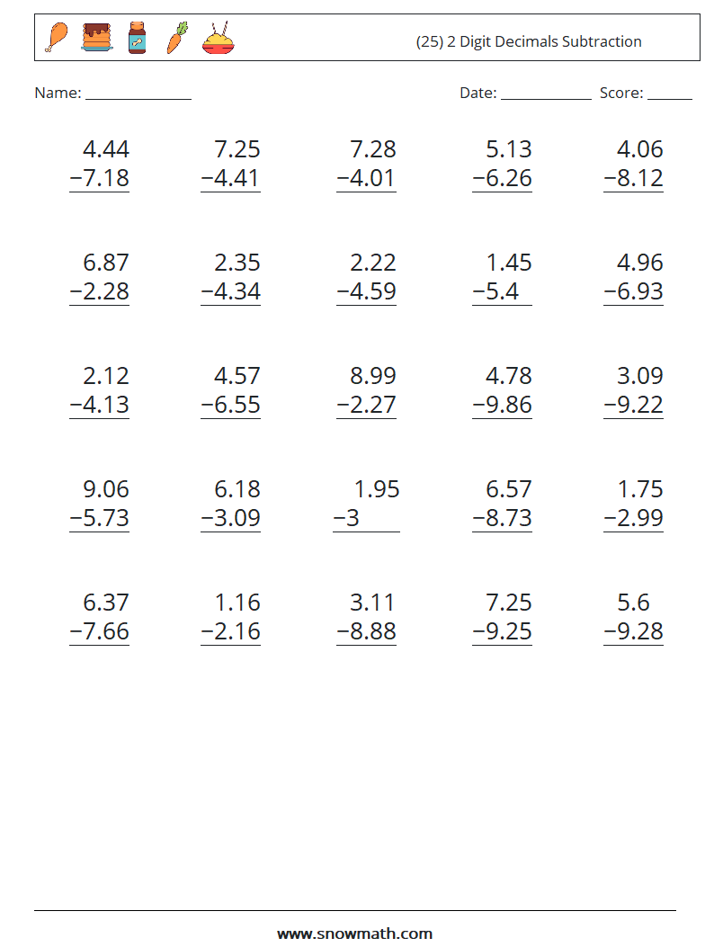 (25) 2 Digit Decimals Subtraction Math Worksheets 1