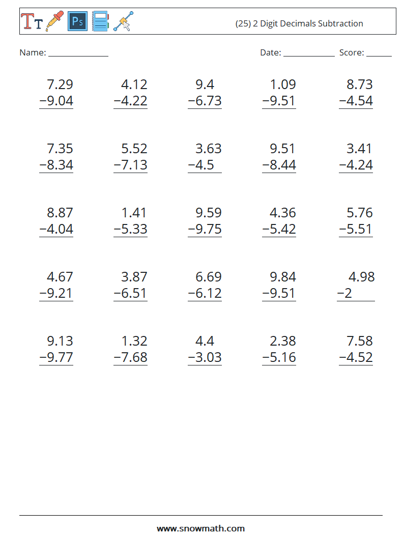 (25) 2 Digit Decimals Subtraction Math Worksheets 10