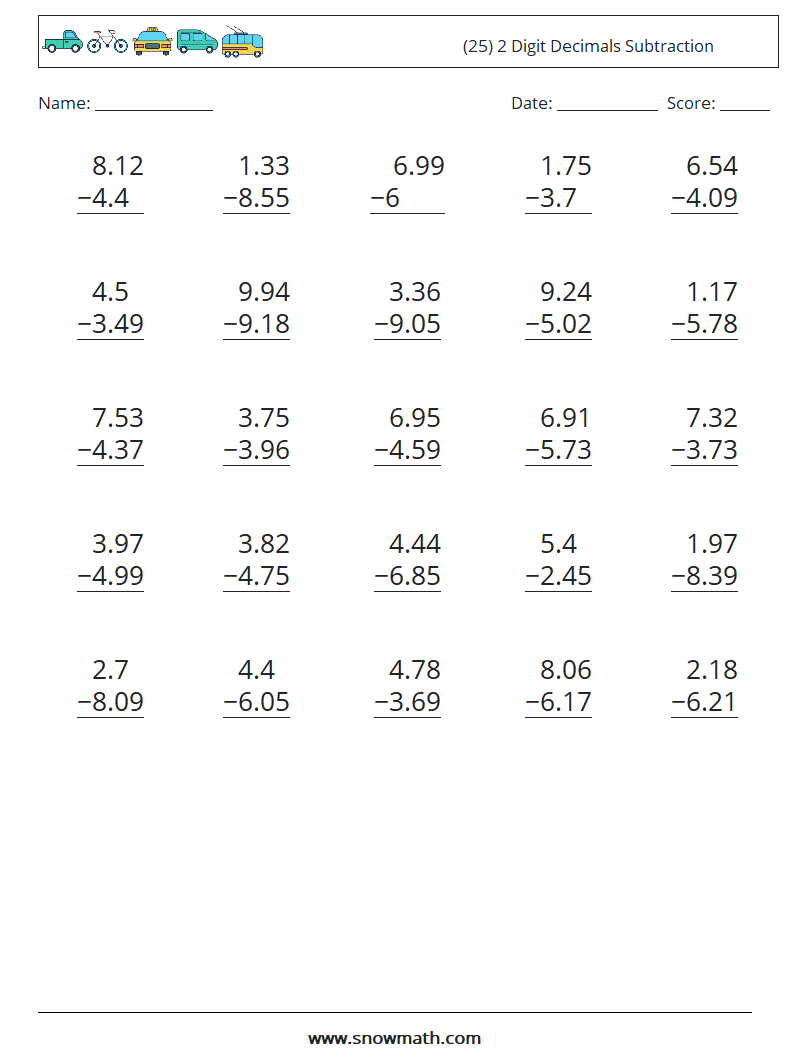(25) 2 Digit Decimals Subtraction Math Worksheets 11