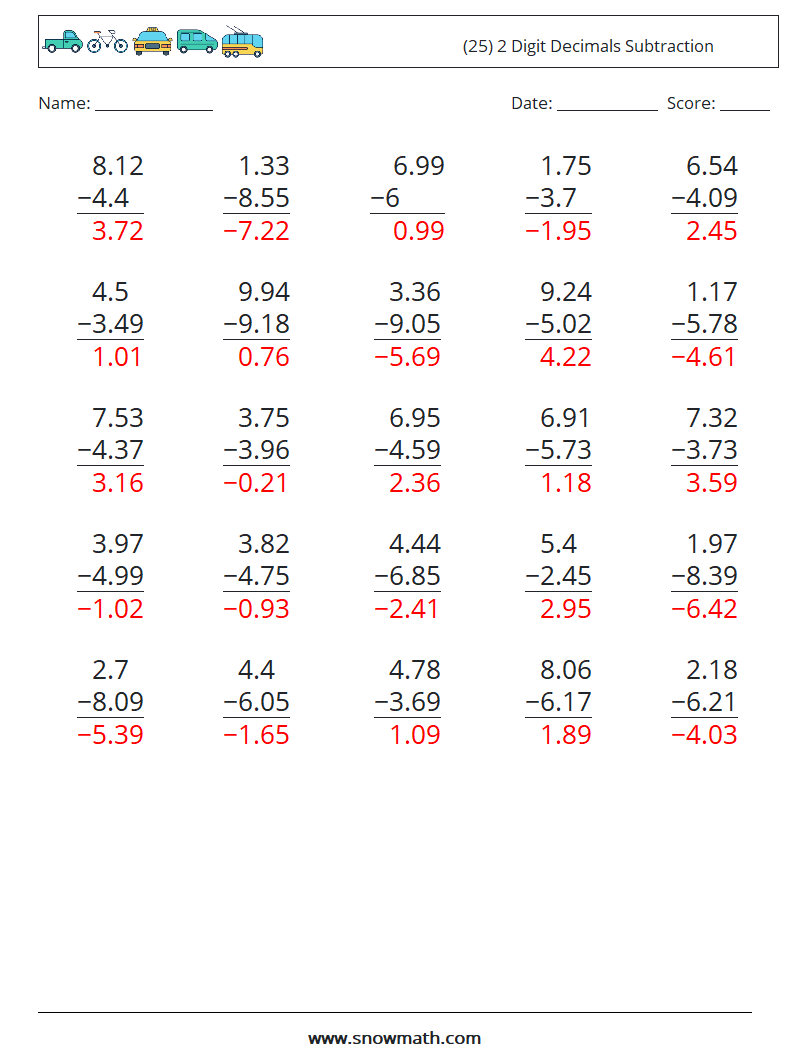 (25) 2 Digit Decimals Subtraction Math Worksheets 11 Question, Answer