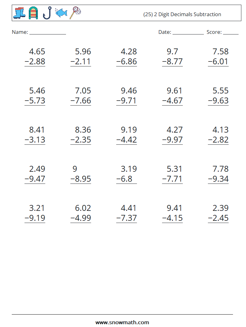 (25) 2 Digit Decimals Subtraction Math Worksheets 12