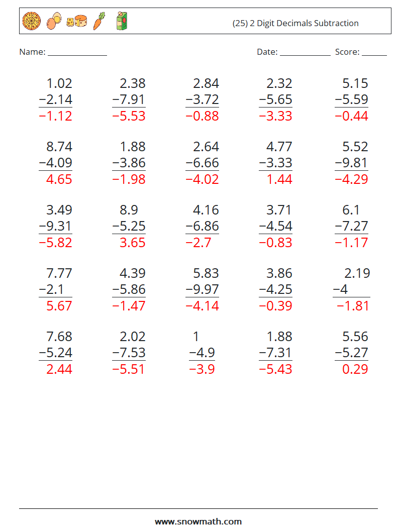 (25) 2 Digit Decimals Subtraction Math Worksheets 14 Question, Answer