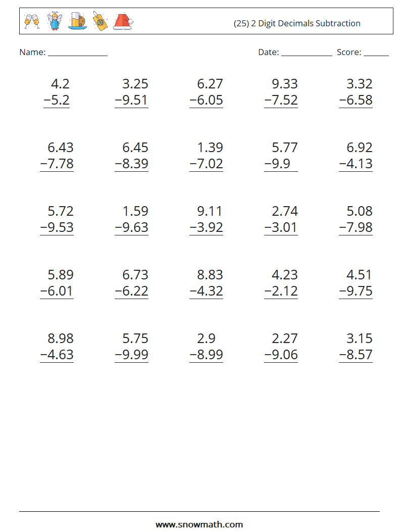 (25) 2 Digit Decimals Subtraction Math Worksheets 15