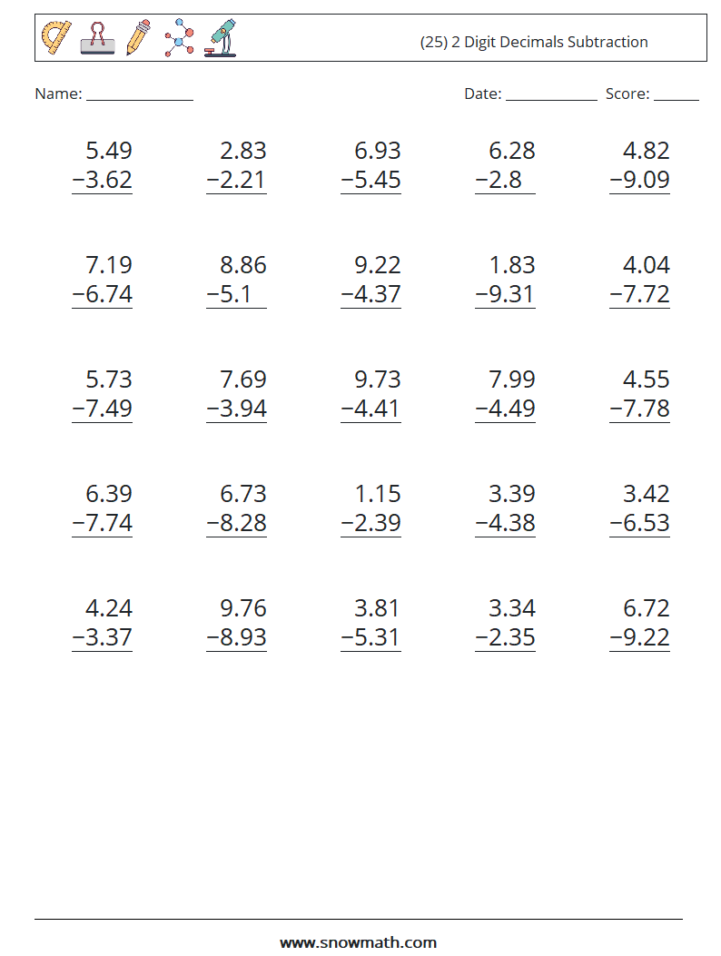 (25) 2 Digit Decimals Subtraction Math Worksheets 16