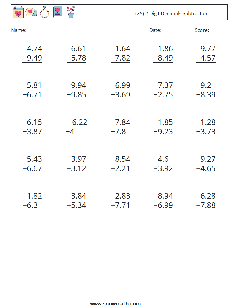(25) 2 Digit Decimals Subtraction Math Worksheets 17