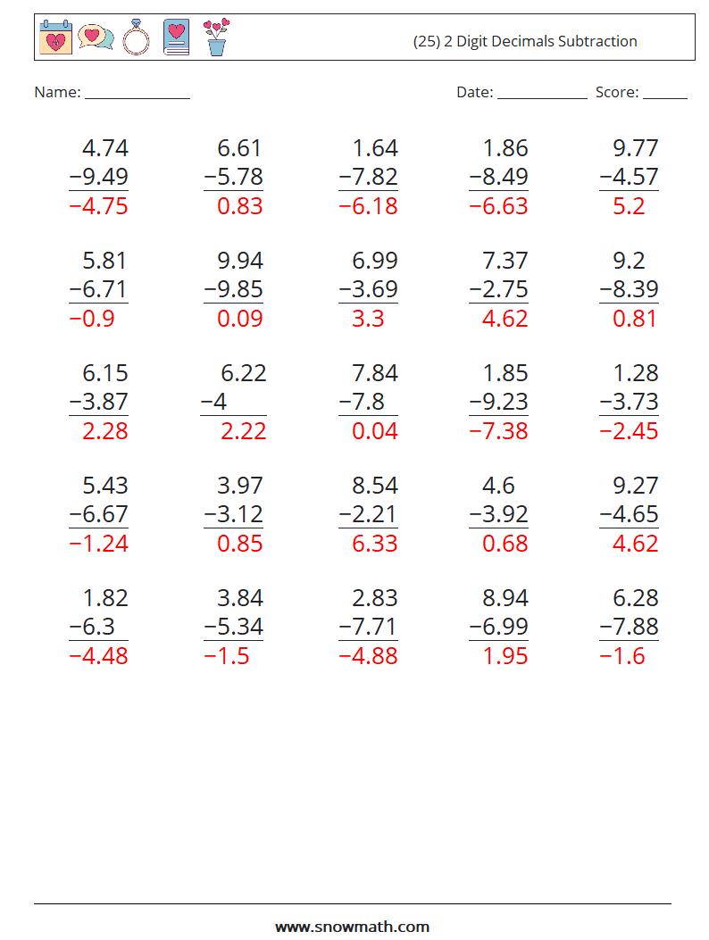 (25) 2 Digit Decimals Subtraction Math Worksheets 17 Question, Answer