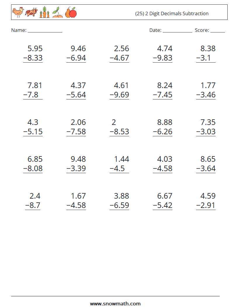 (25) 2 Digit Decimals Subtraction Math Worksheets 18