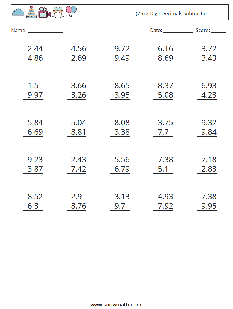 (25) 2 Digit Decimals Subtraction Math Worksheets 2