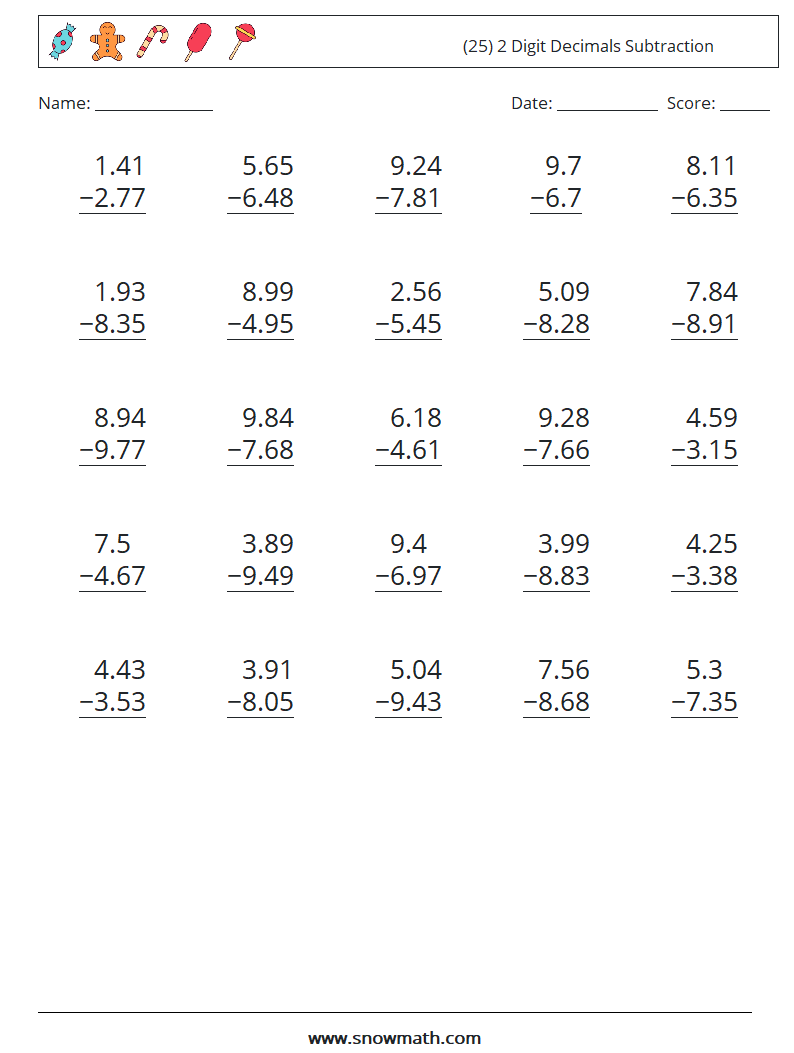(25) 2 Digit Decimals Subtraction Math Worksheets 3