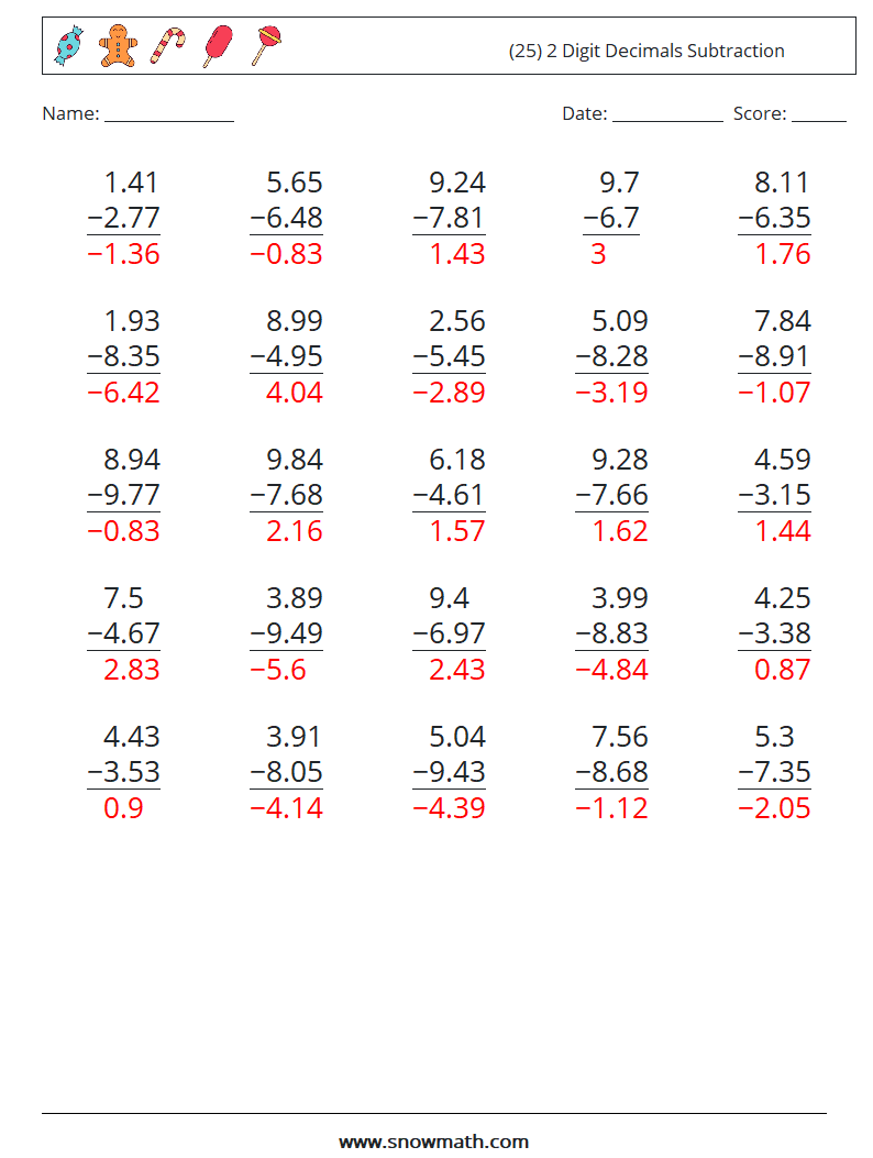 (25) 2 Digit Decimals Subtraction Math Worksheets 3 Question, Answer