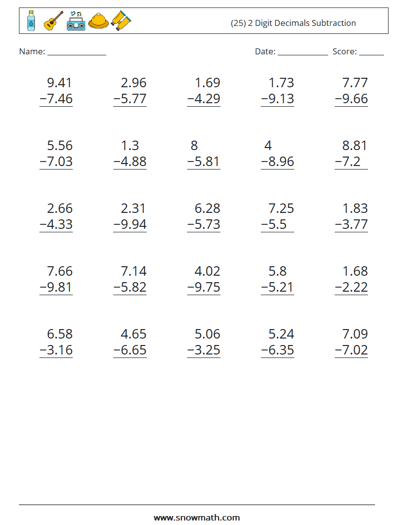 (25) 2 Digit Decimals Subtraction Math Worksheets 4